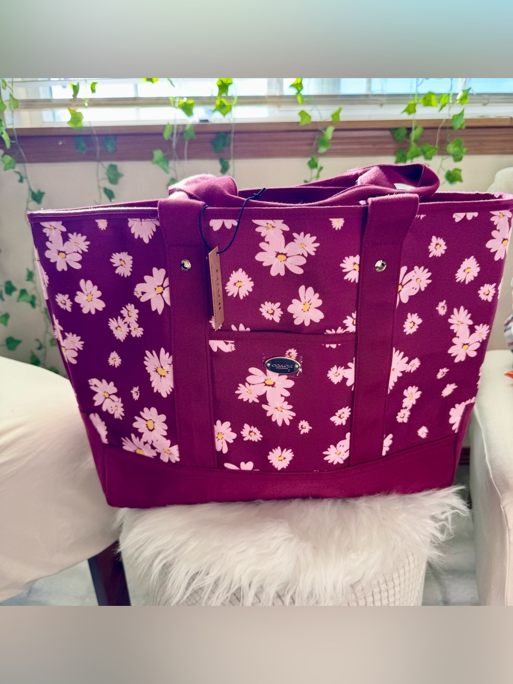 NEW Coach Burgundy Canvas Tote with Pink Floral Print 🌸